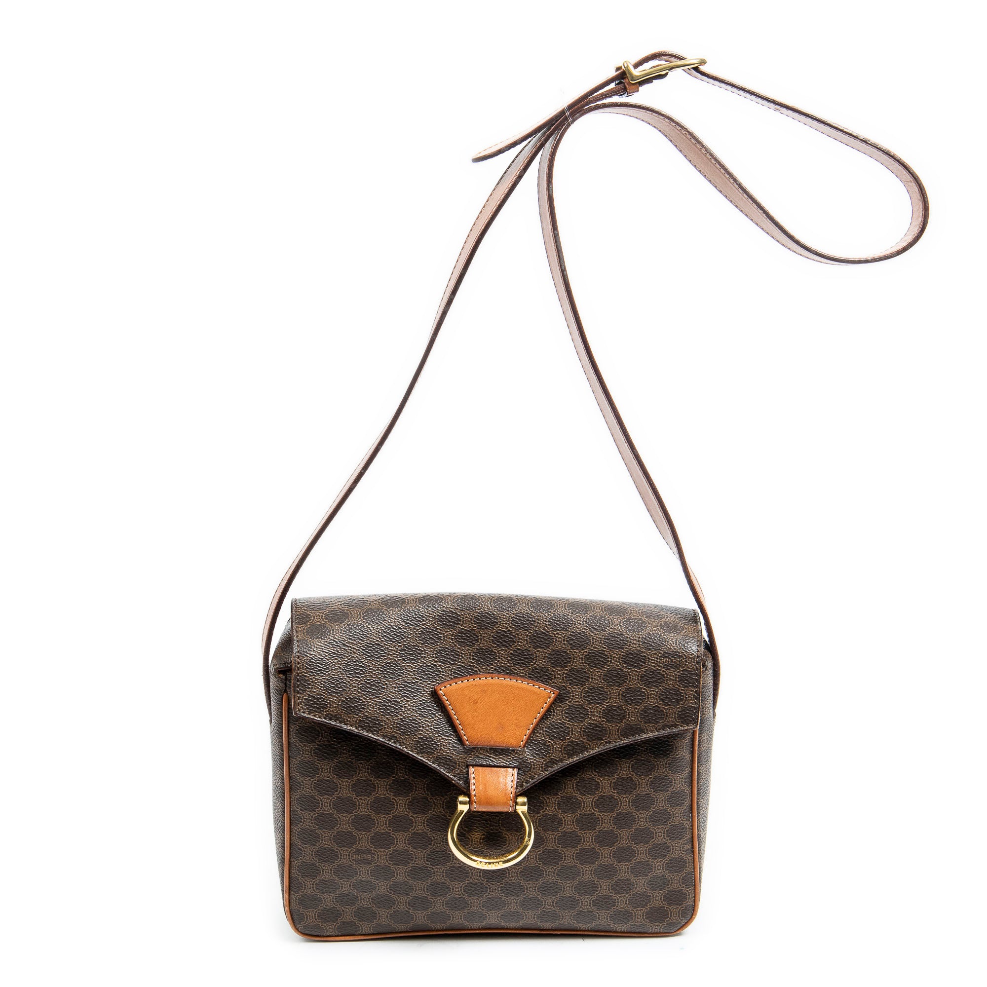 Bolso bandolera cuadrado con solapa, lona revestida Macadam marrón