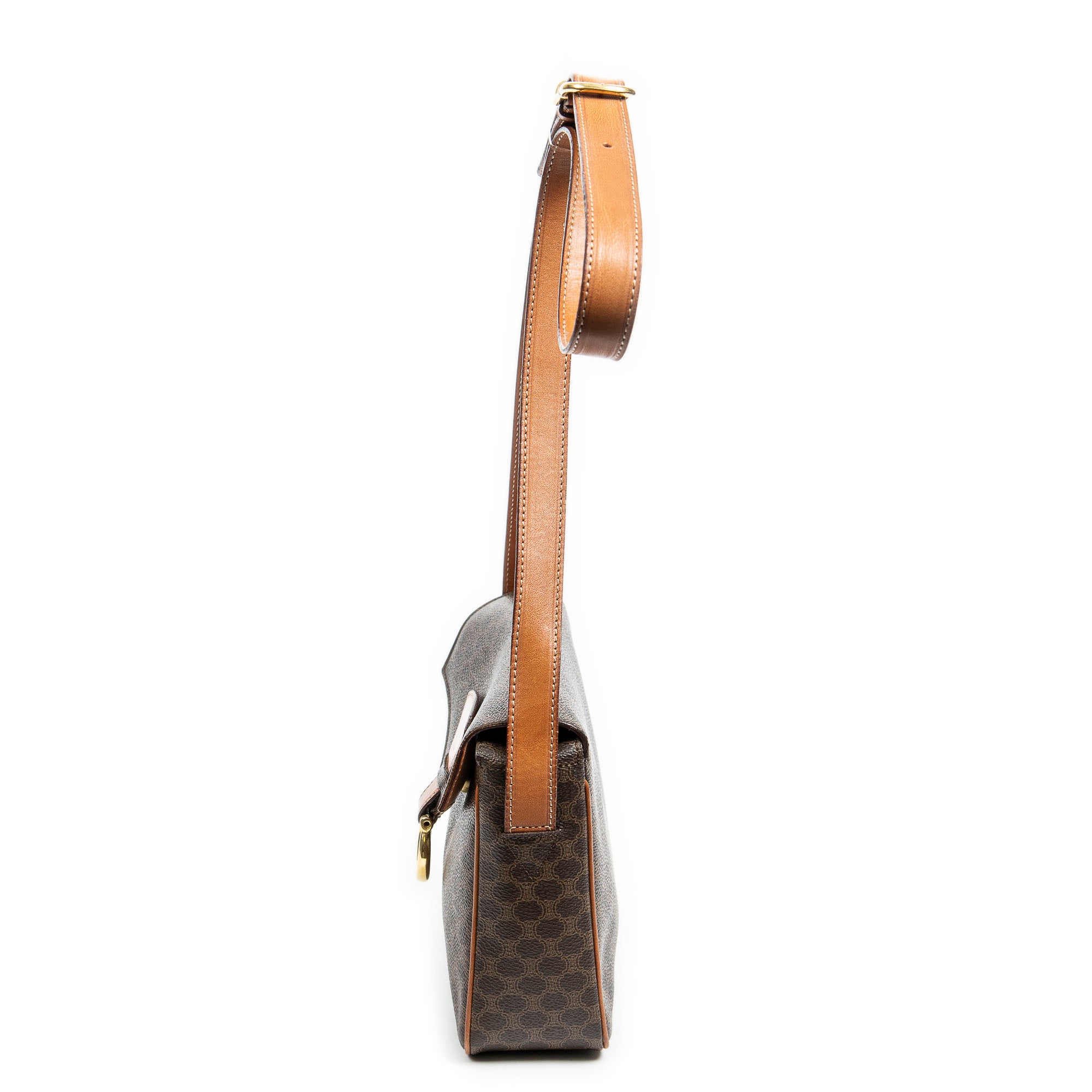 Bolso bandolera cuadrado con solapa, lona revestida Macadam marrón