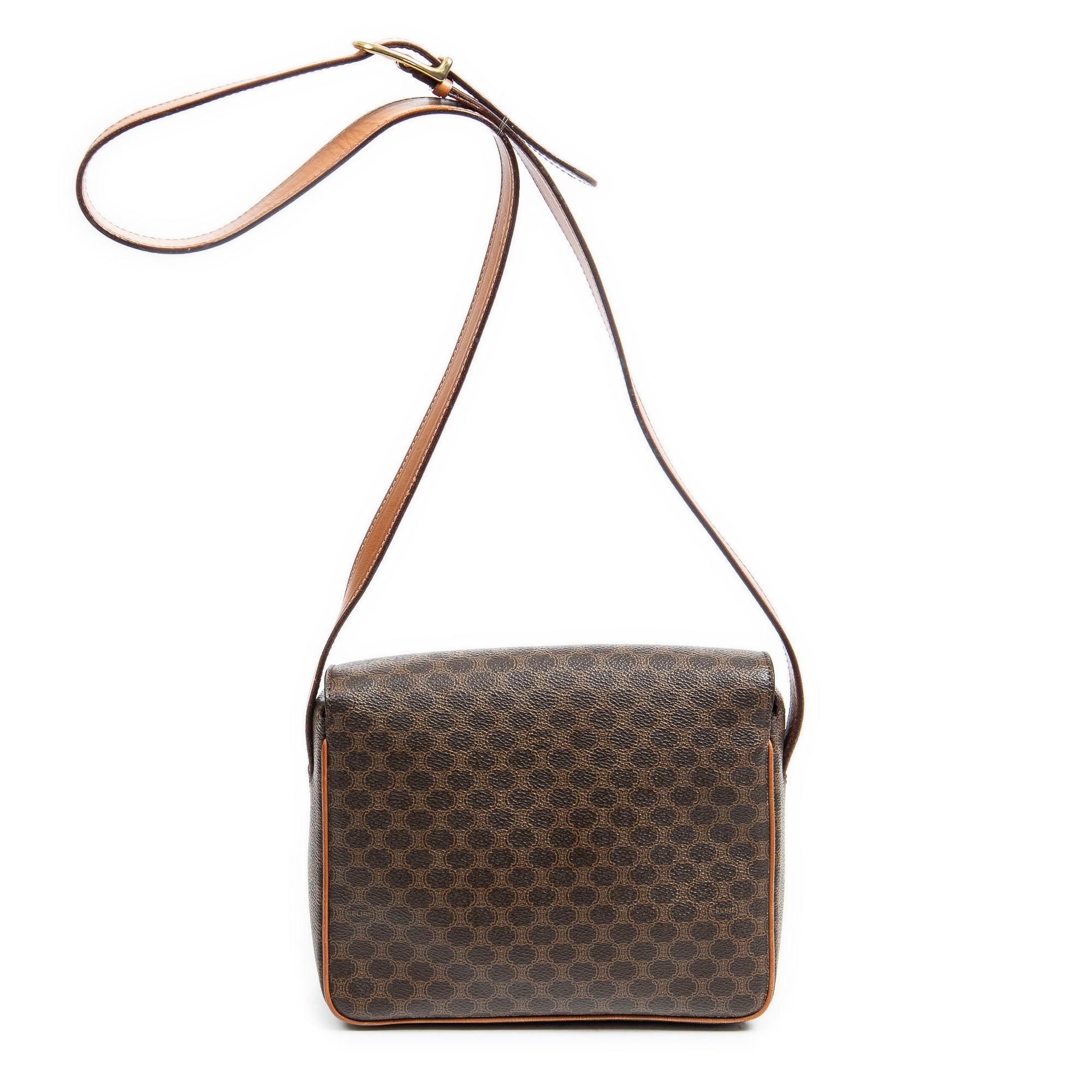 Bolso bandolera cuadrado con solapa, lona revestida Macadam marrón