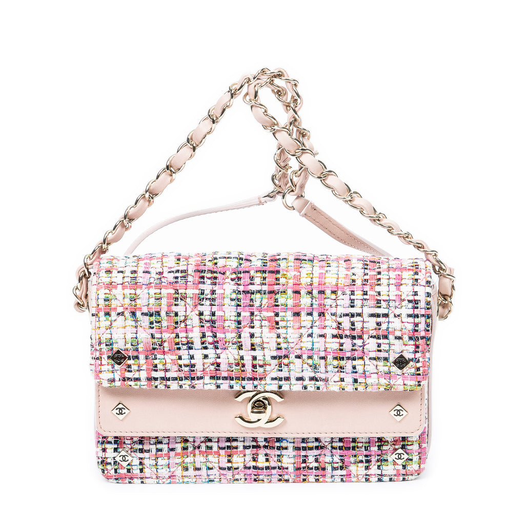 Bolso de Hombro Clásico Doble Solapa Tweed Rosa Lona Acolchada