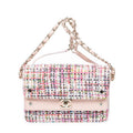 Bolso de Hombro Clásico Doble Solapa Tweed Rosa Lona Acolchada