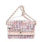 Bolso de Hombro Clásico Doble Solapa Tweed Rosa Lona Acolchada