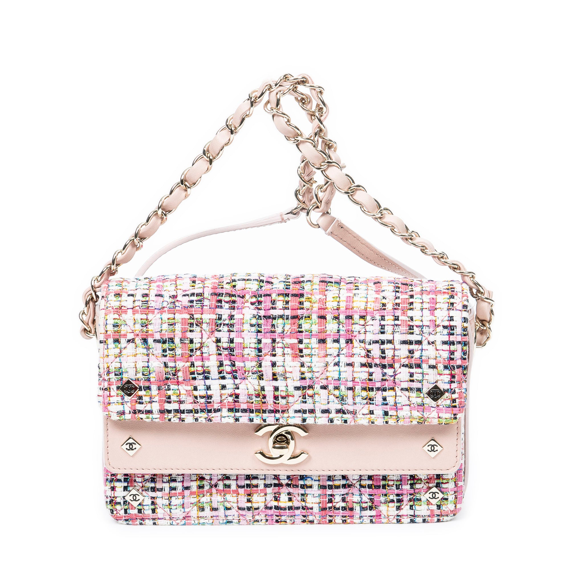 Bolso de Hombro Clásico Doble Solapa Tweed Rosa Lona Acolchada