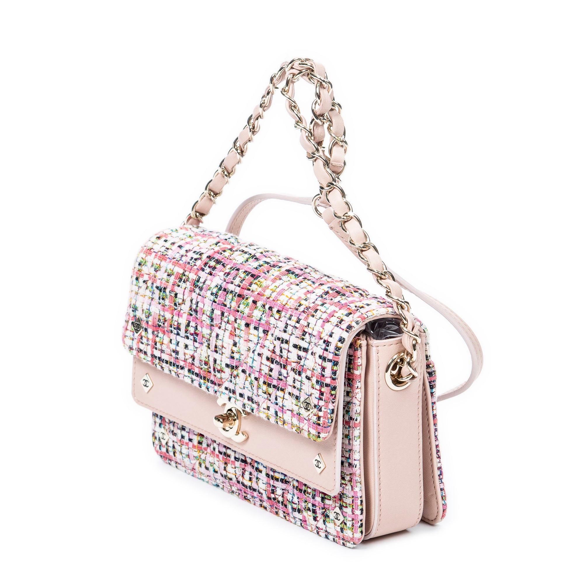 Bolso de Hombro Clásico Doble Solapa Tweed Rosa Lona Acolchada