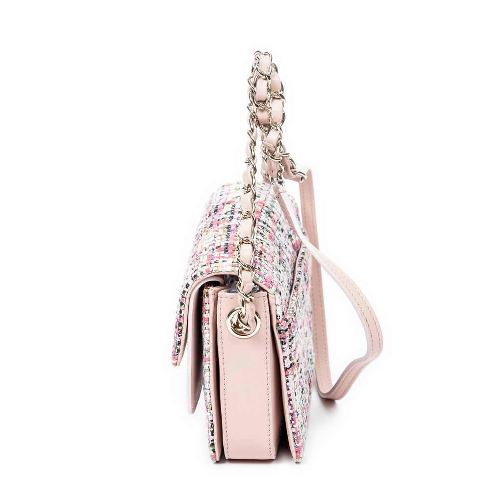Bolso de Hombro Clásico Doble Solapa Tweed Rosa Lona Acolchada