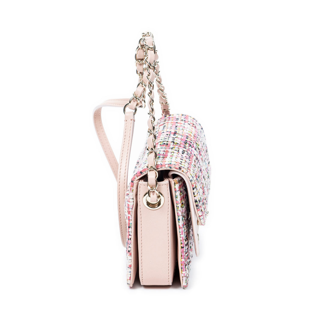 Bolso de Hombro Clásico Doble Solapa Tweed Rosa Lona Acolchada