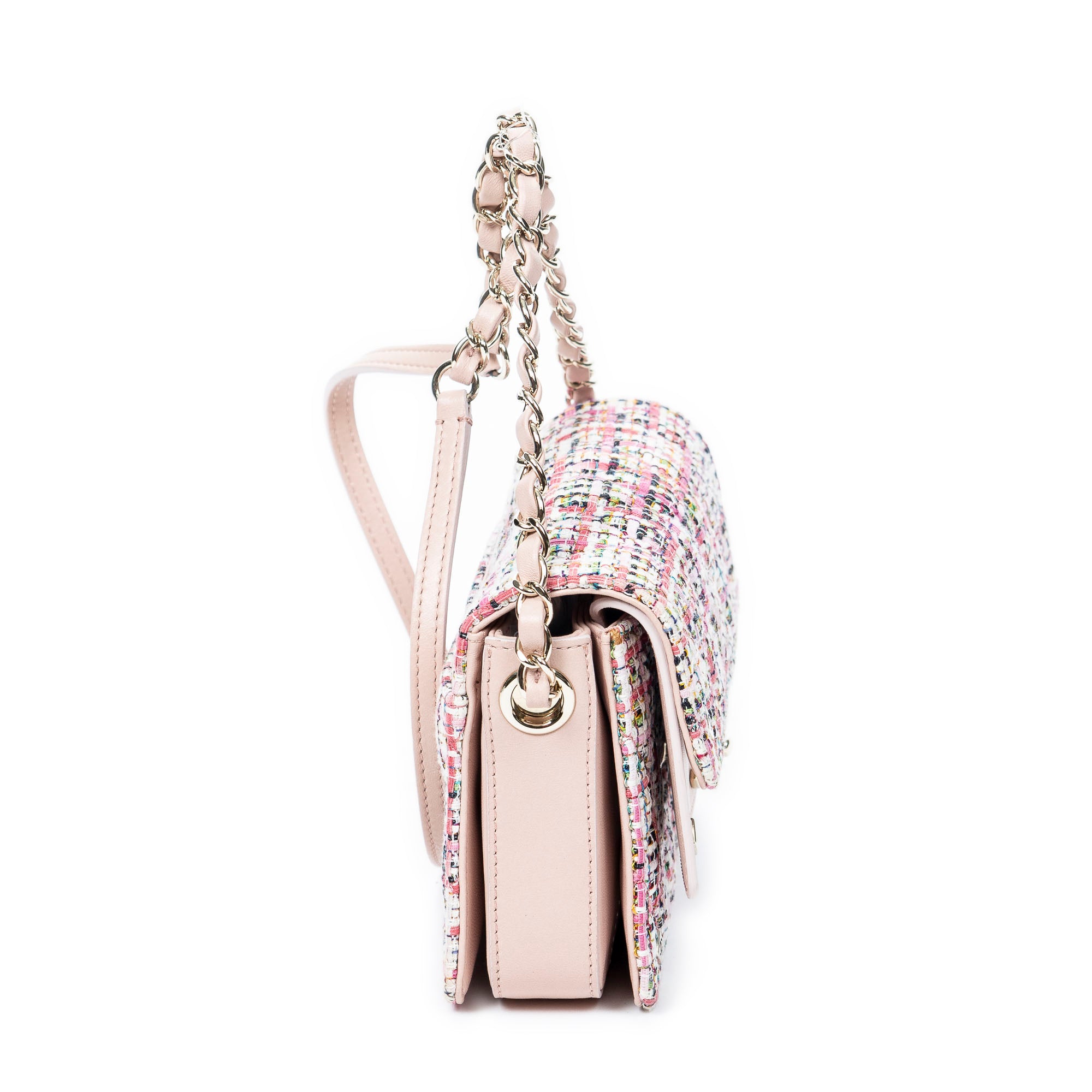 Bolso de Hombro Clásico Doble Solapa Tweed Rosa Lona Acolchada