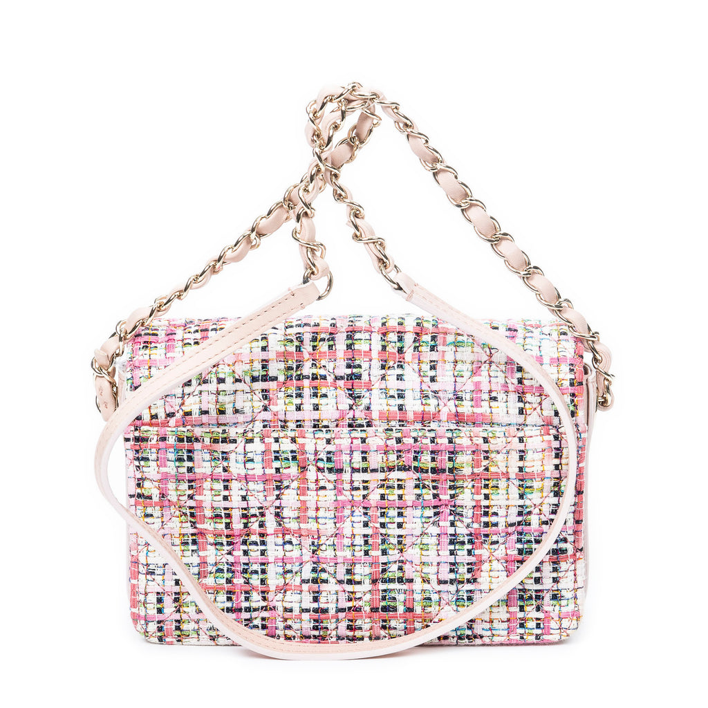 Bolso de Hombro Clásico Doble Solapa Tweed Rosa Lona Acolchada