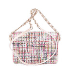 Bolso de Hombro Clásico Doble Solapa Tweed Rosa Lona Acolchada