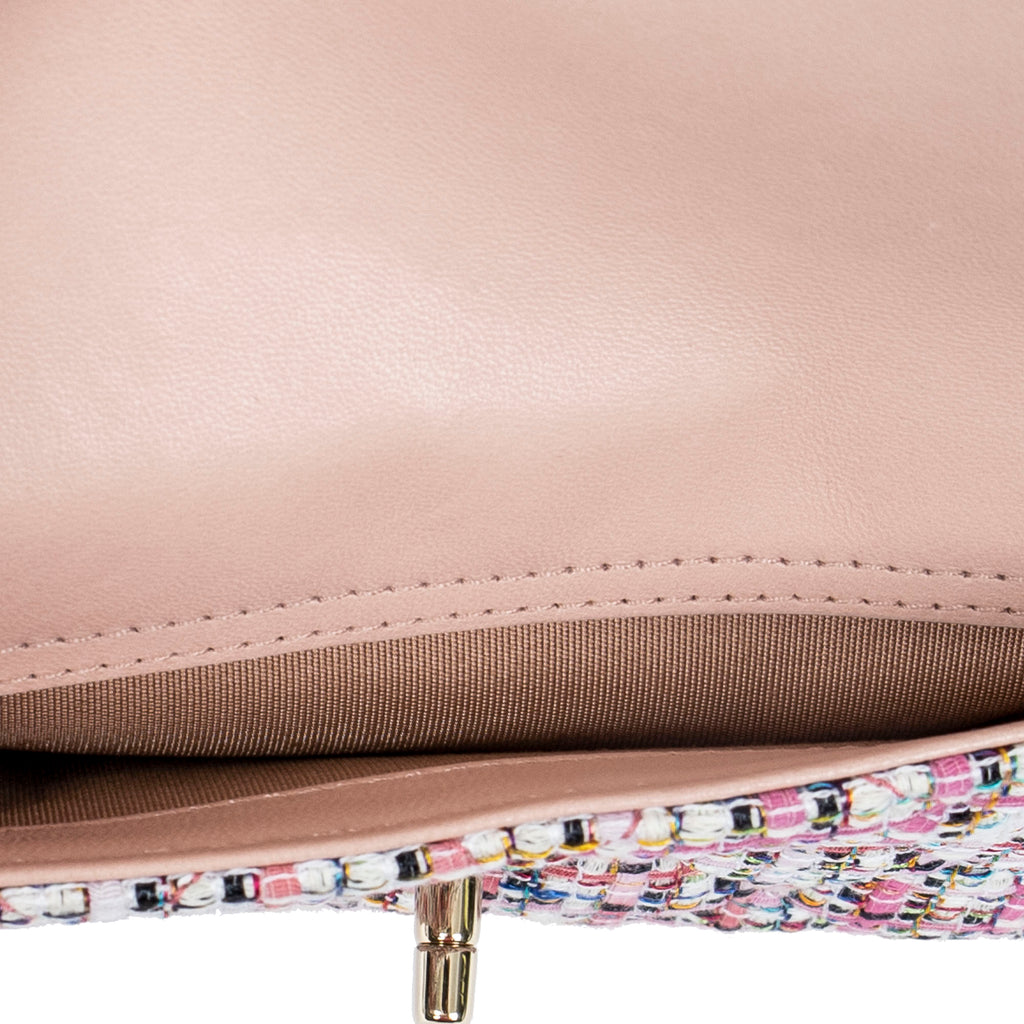 Bolso de Hombro Clásico Doble Solapa Tweed Rosa Lona Acolchada