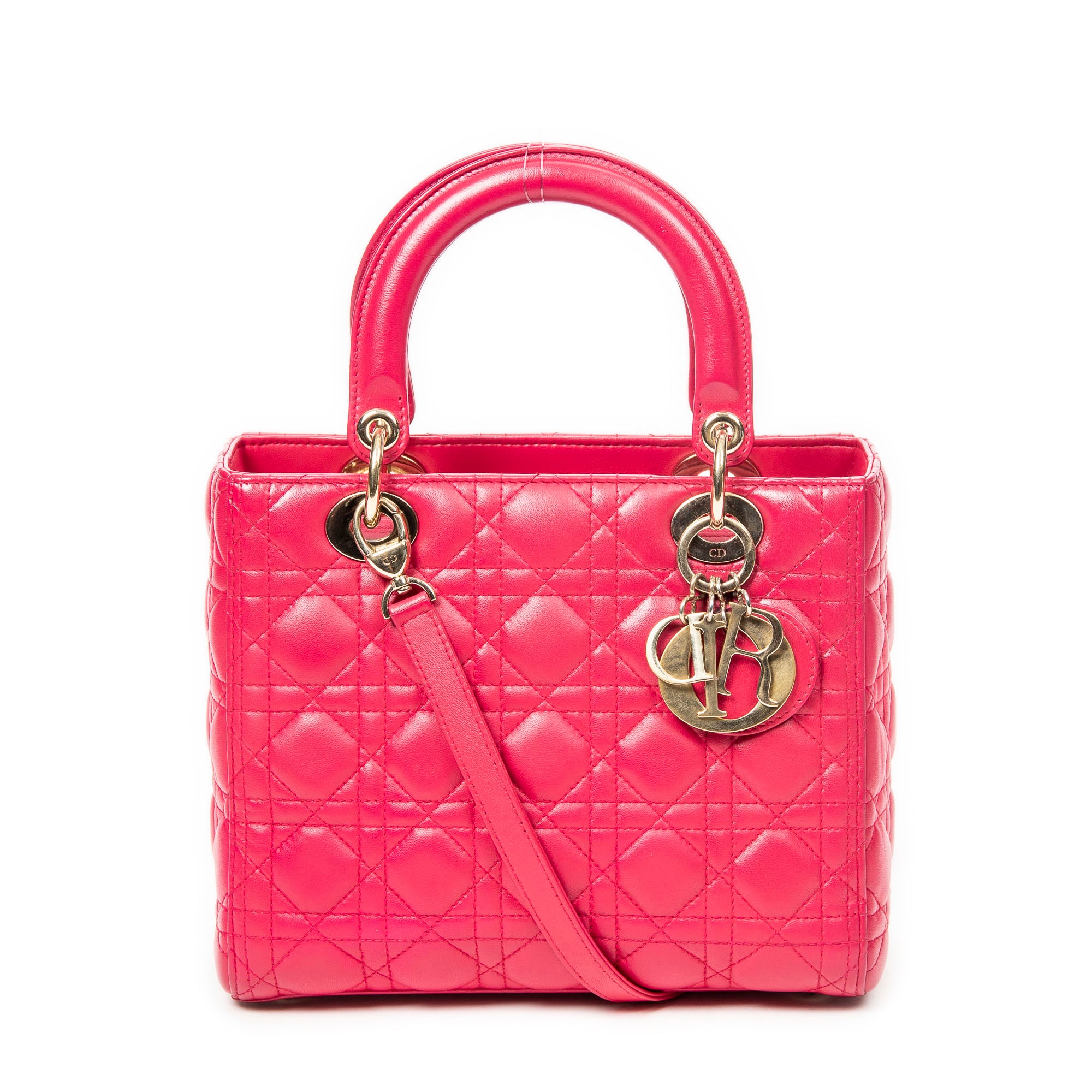 Bolso de hombro mediano Lady Dior con cremallera, piel de cordero fucsia Cannage