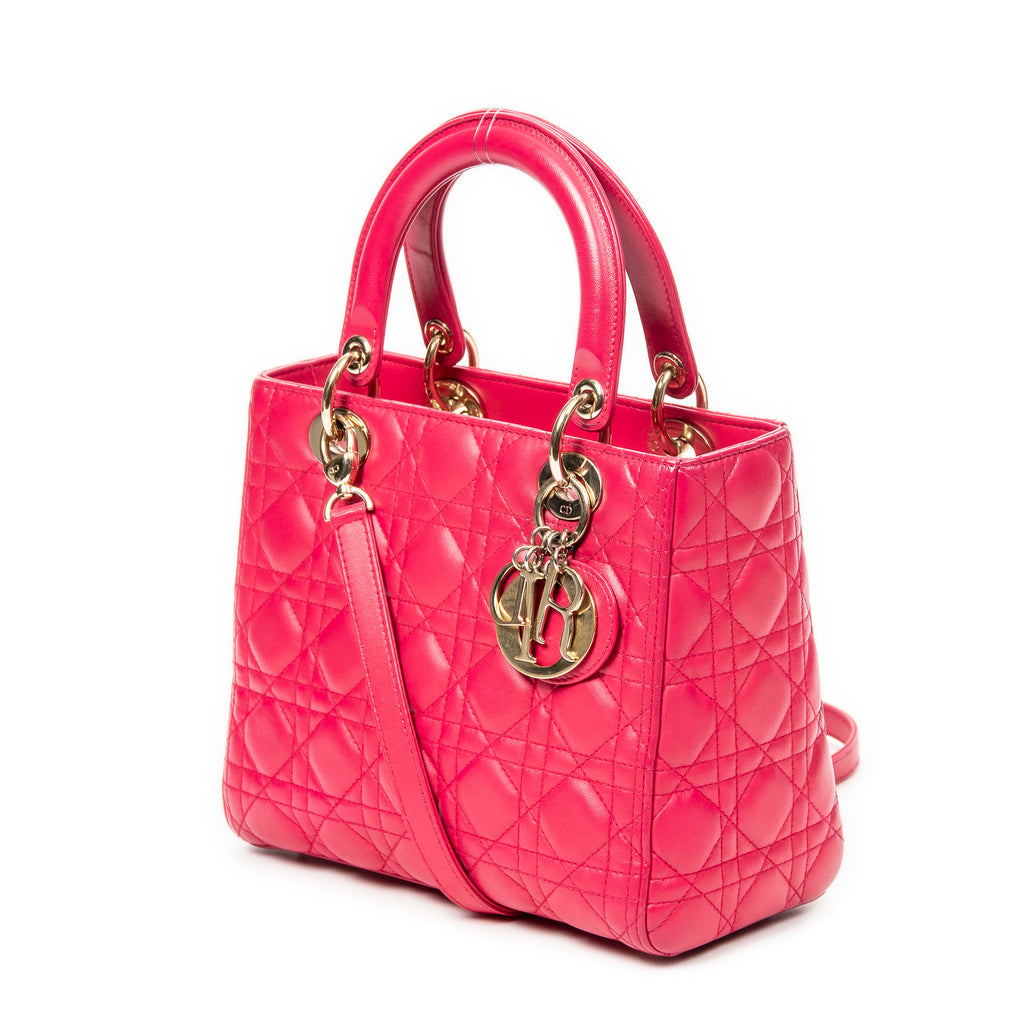 Bolso de hombro mediano Lady Dior con cremallera, piel de cordero fucsia Cannage