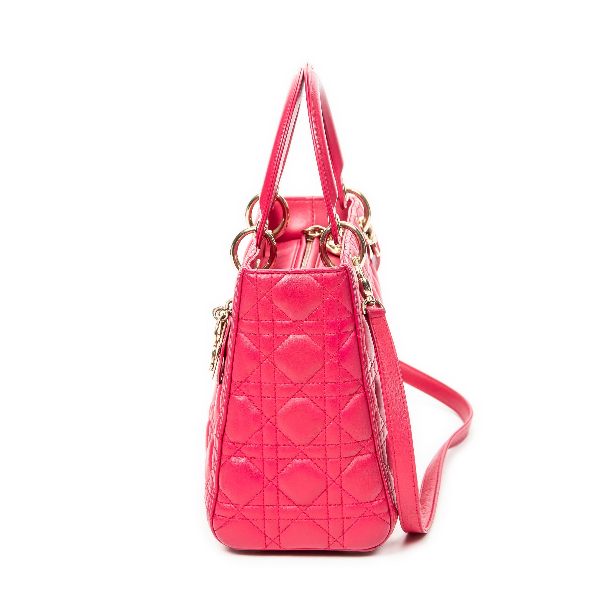 Bolso de hombro mediano Lady Dior con cremallera, piel de cordero fucsia Cannage