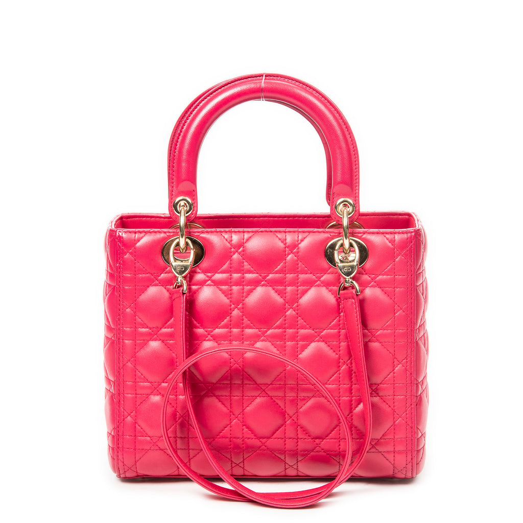 Bolso de hombro mediano Lady Dior con cremallera, piel de cordero fucsia Cannage