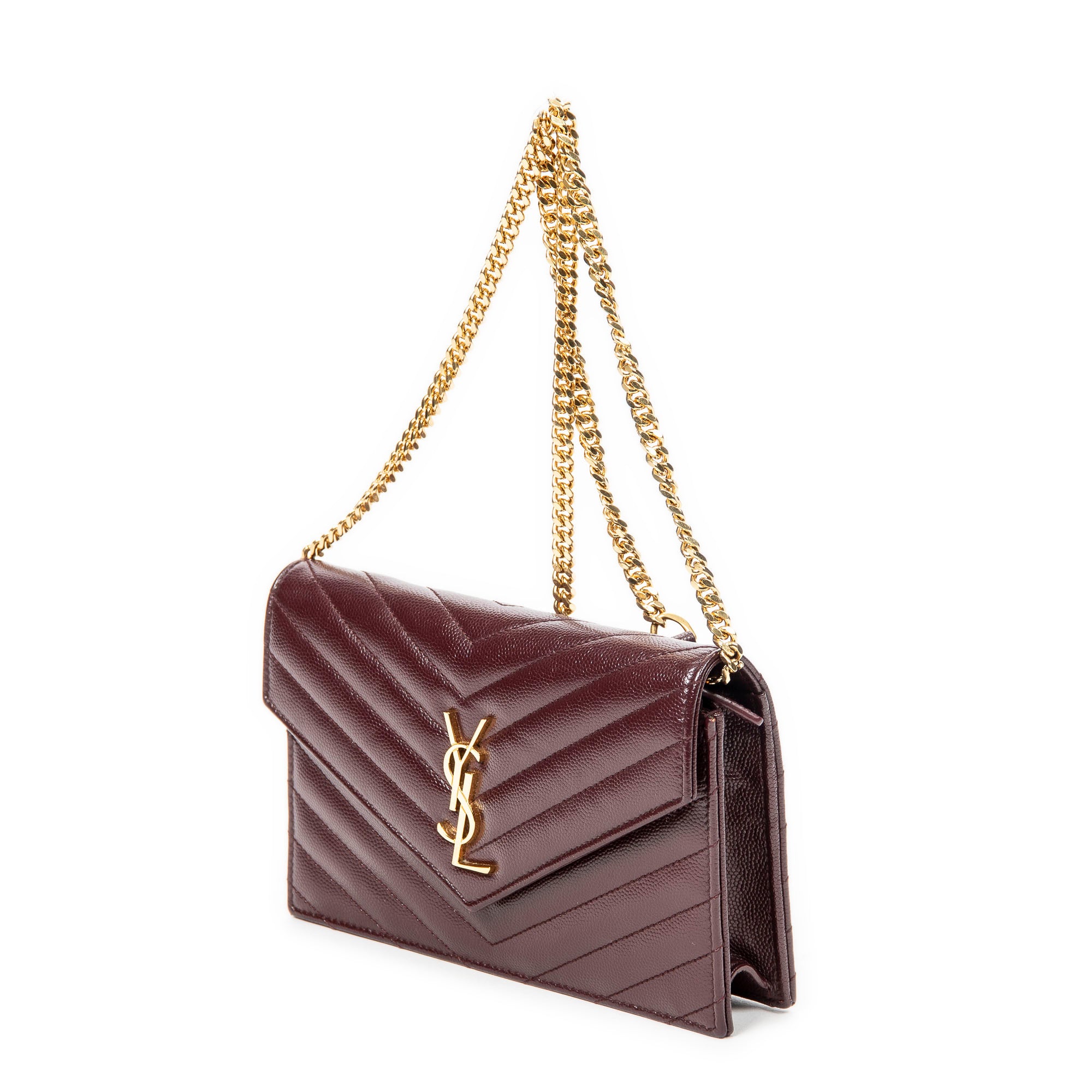 Shoulder Bag Cassandre Envelope Chain Wallet Burgundy Chevron Quilted Grain de Poudre Embossed Leather
