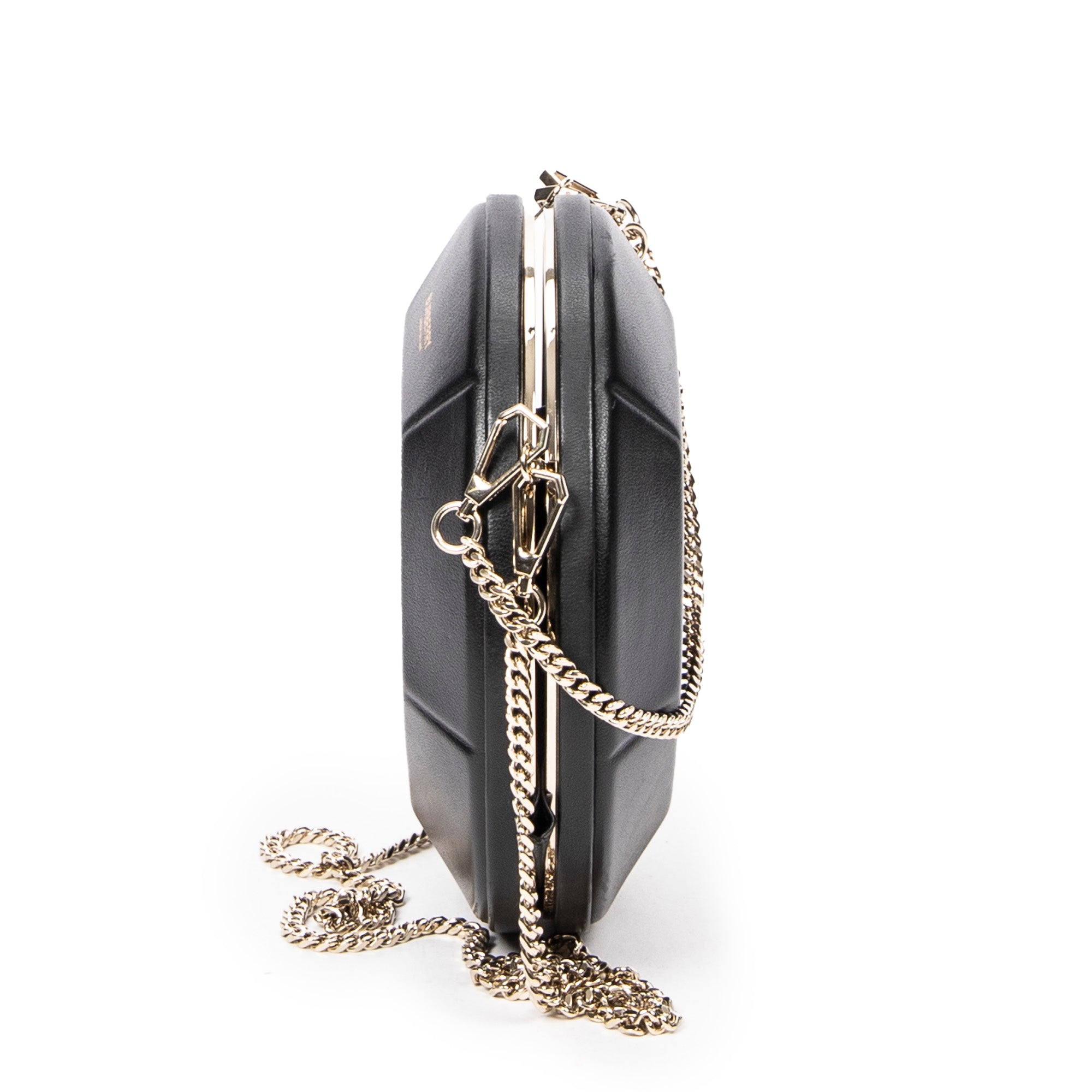 Shoulder Bag Round Chain Clutch Black Smooth Calfskin Leather