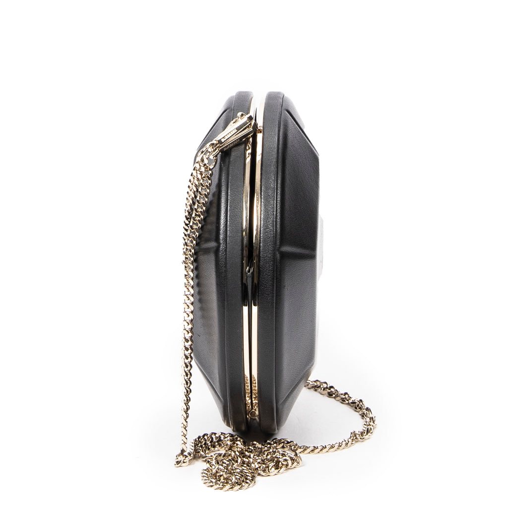 Shoulder Bag Round Chain Clutch Black Smooth Calfskin Leather