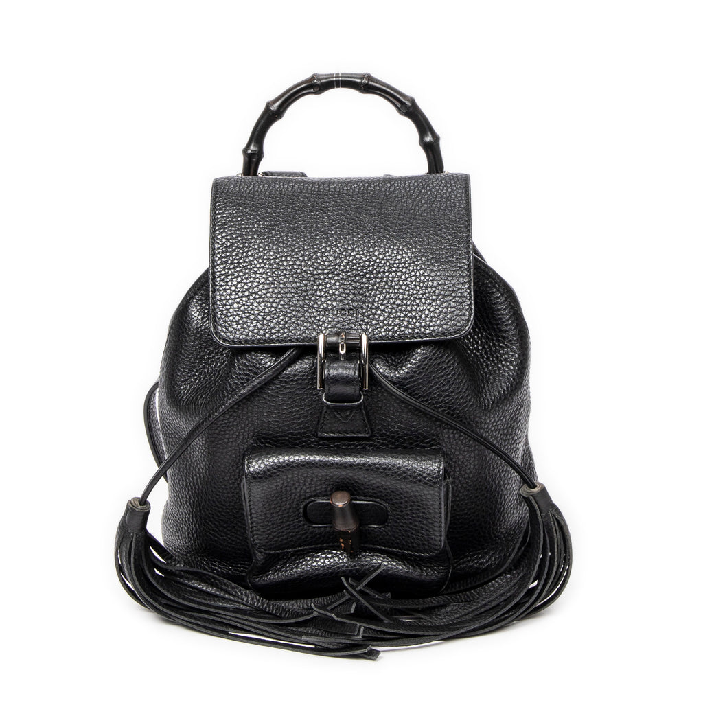 Backpack Small Bamboo Tassel Backpack Black Grained Leather