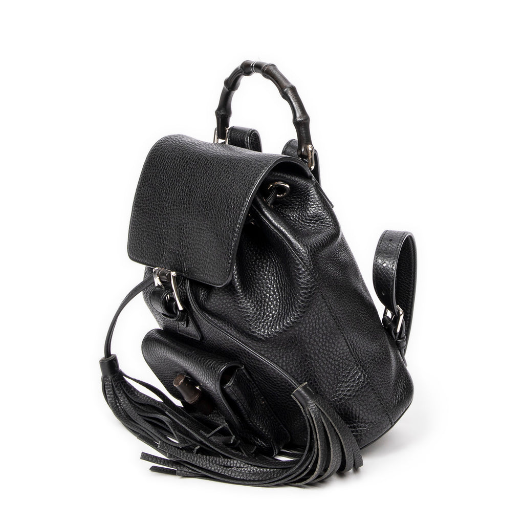 Backpack Small Bamboo Tassel Backpack Black Grained Leather