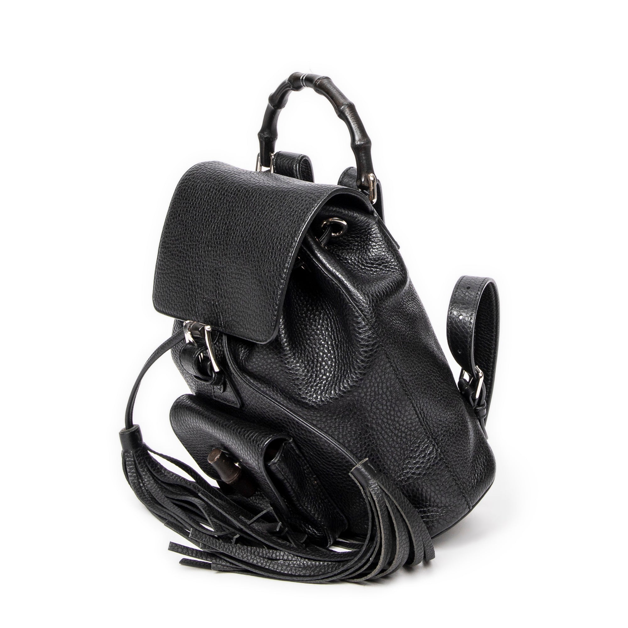 Backpack Small Bamboo Tassel Backpack Black Grained Leather