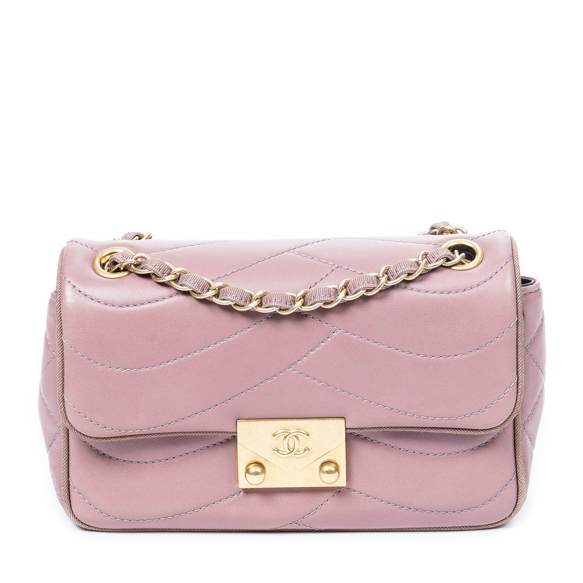 Shoulder Bag Push Lock Wave Chain Flap Dusty Pink Quilted Wave Leather