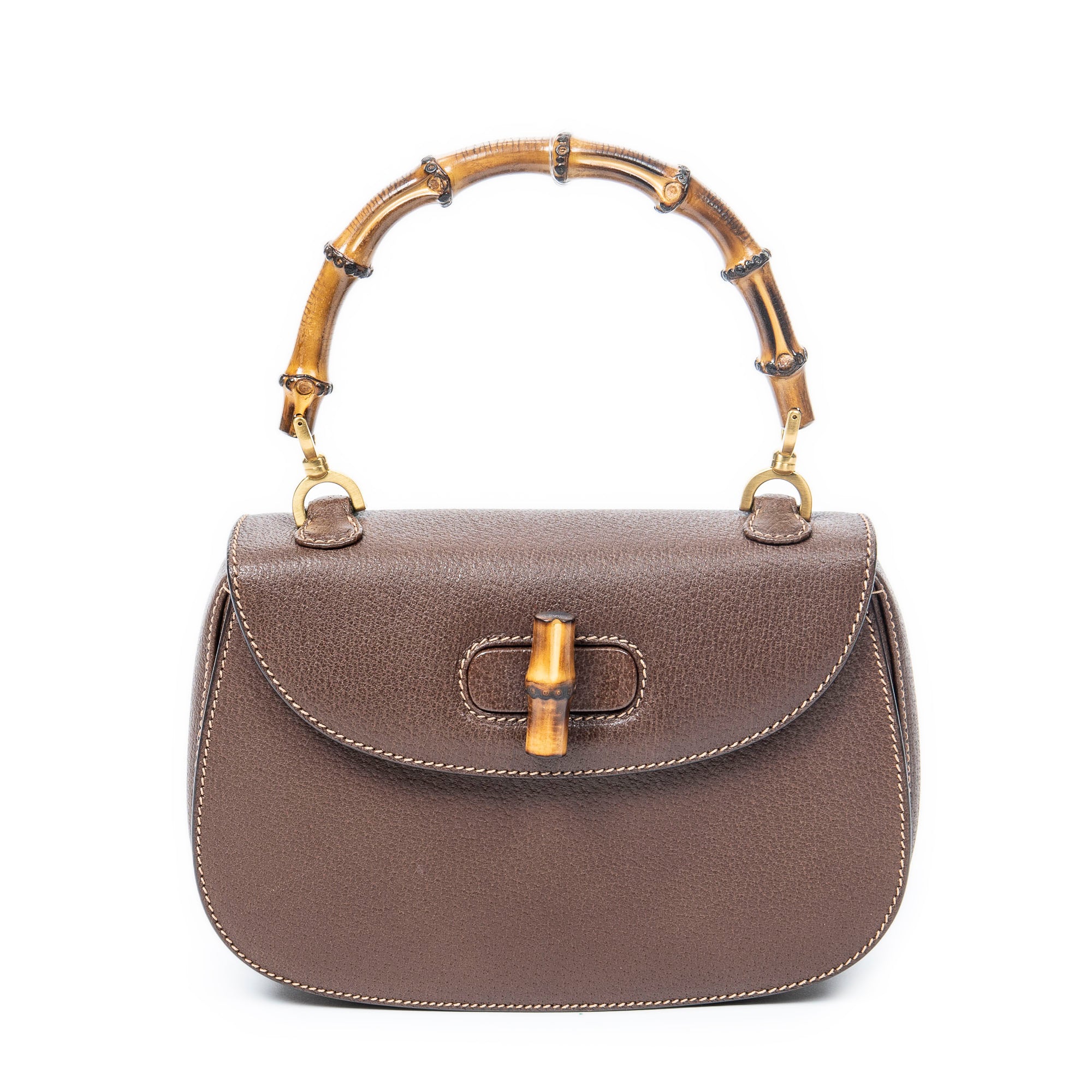 Bolso de Hombro Pequeño Asa Superior de Bambú Solapa Piel Granulada Marrón
