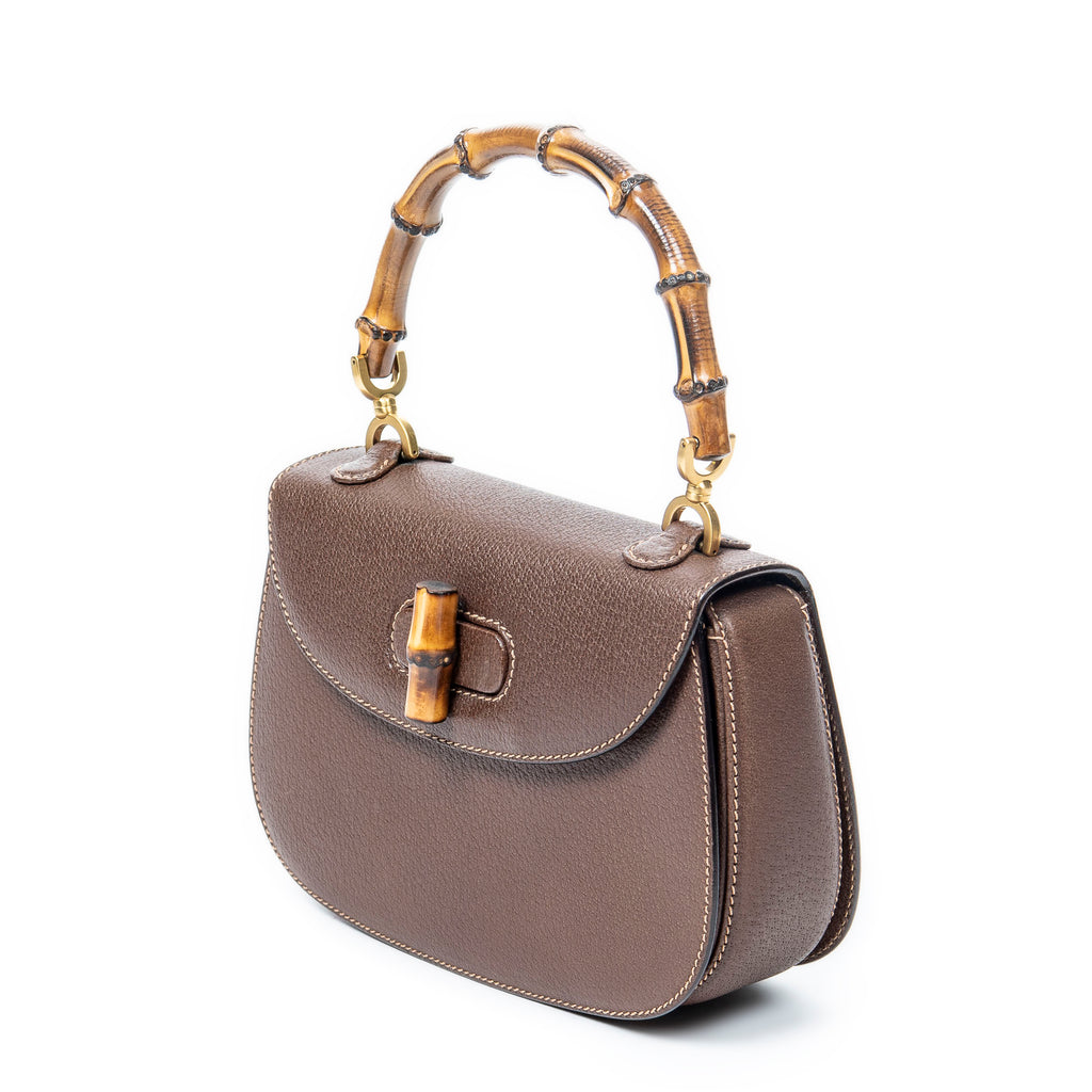 Bolso de Hombro Pequeño Asa Superior de Bambú Solapa Piel Granulada Marrón