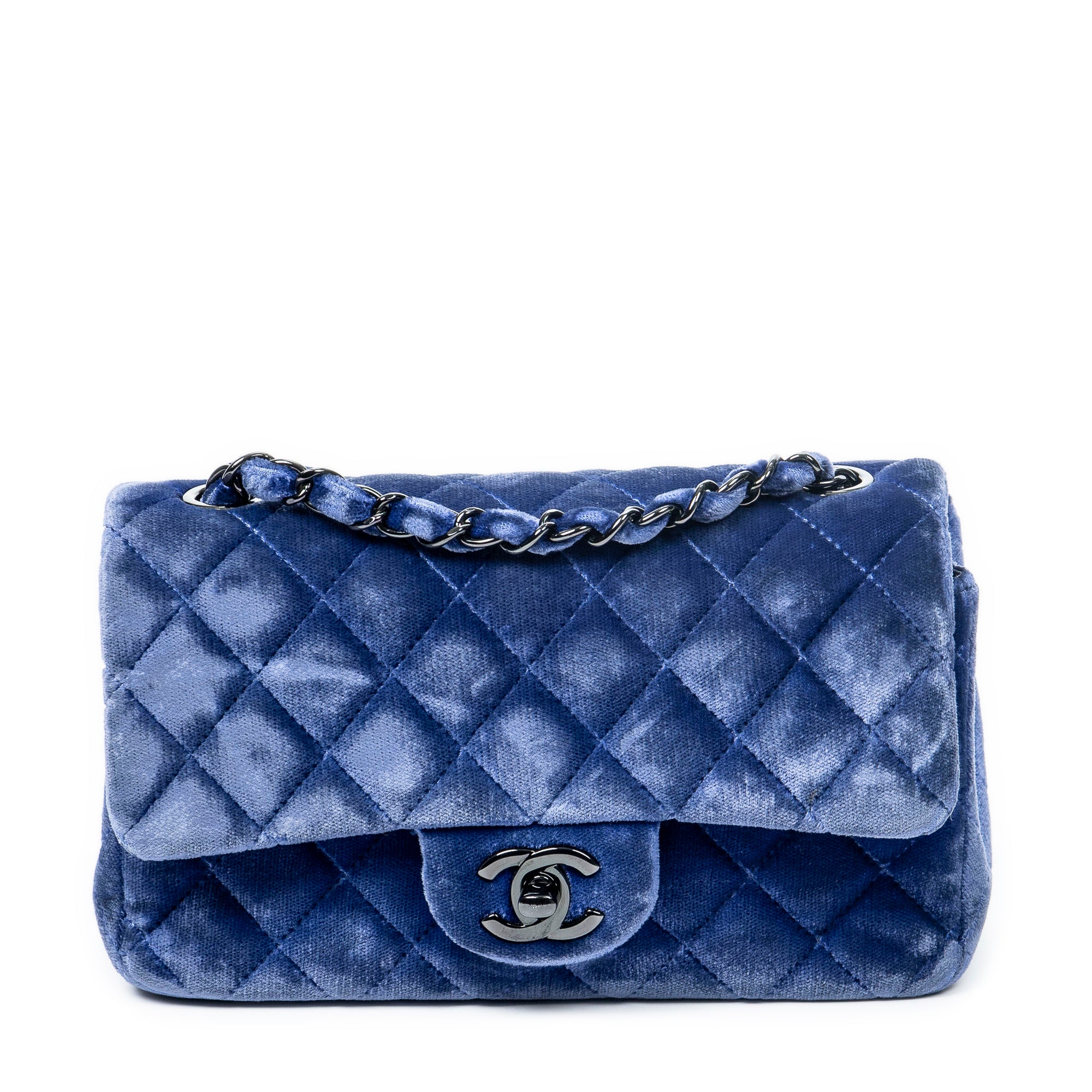 Bolso de hombro mini clásico solapa única cuero de terciopelo acolchado azul real