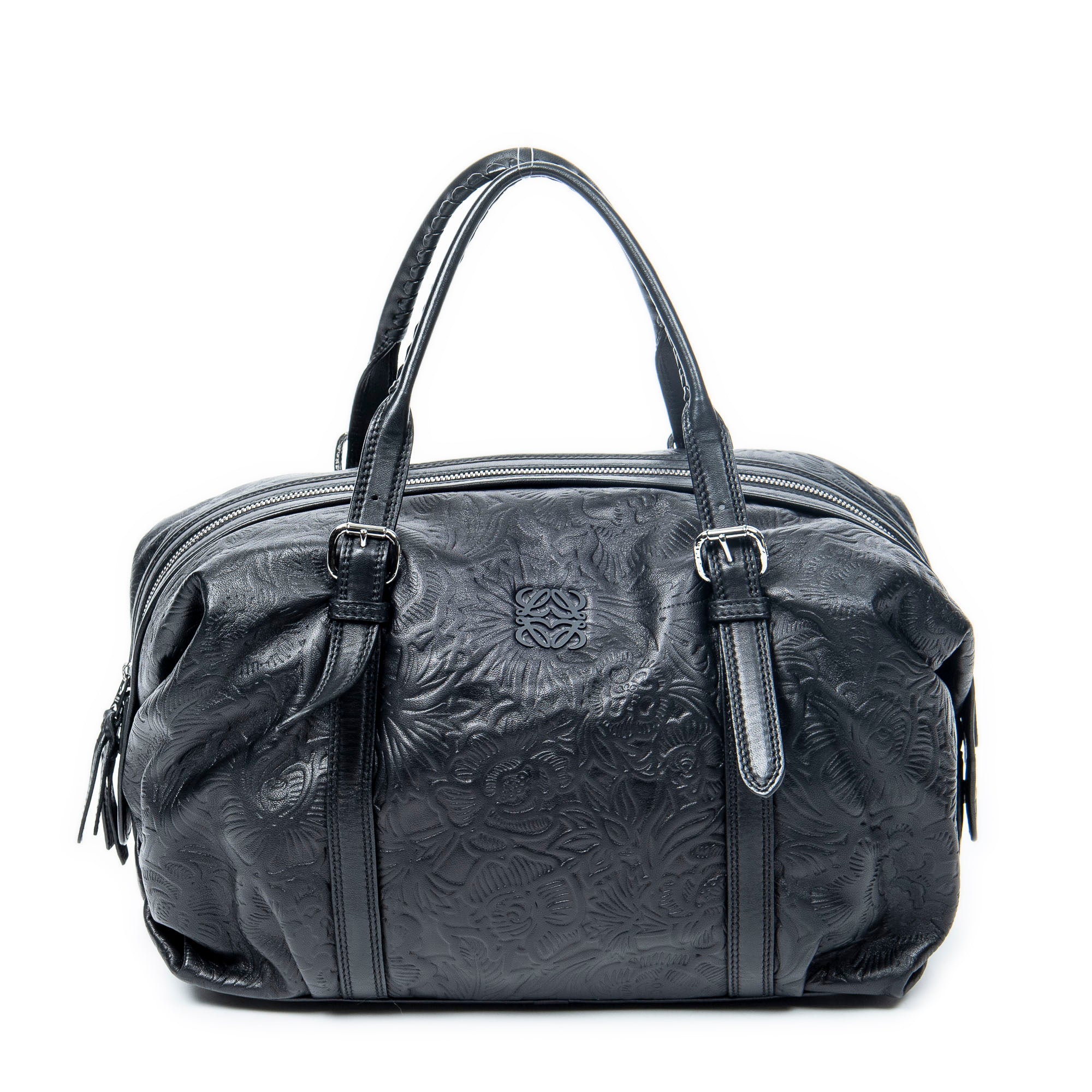 Shoulder Bag Canela Boston Bag Black Floral Embossed Leather