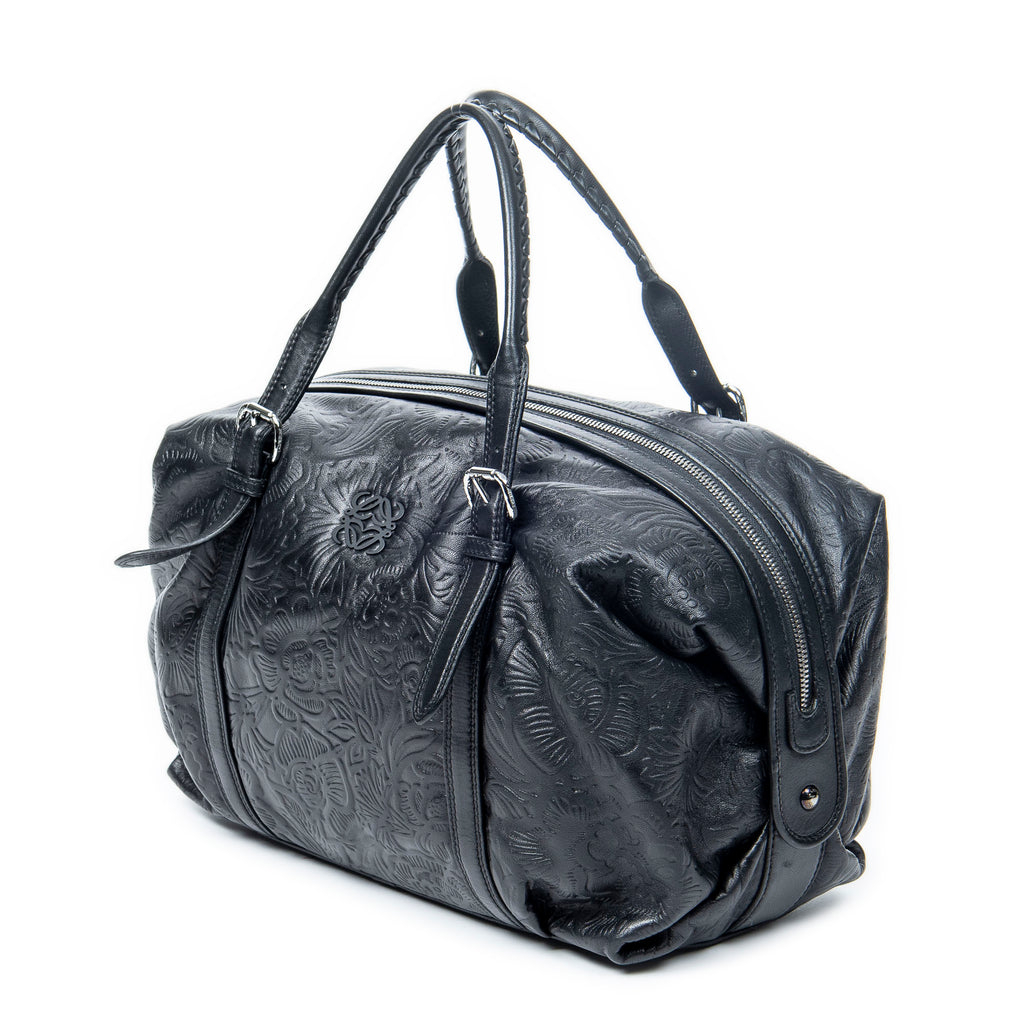 Shoulder Bag Canela Boston Bag Black Floral Embossed Leather