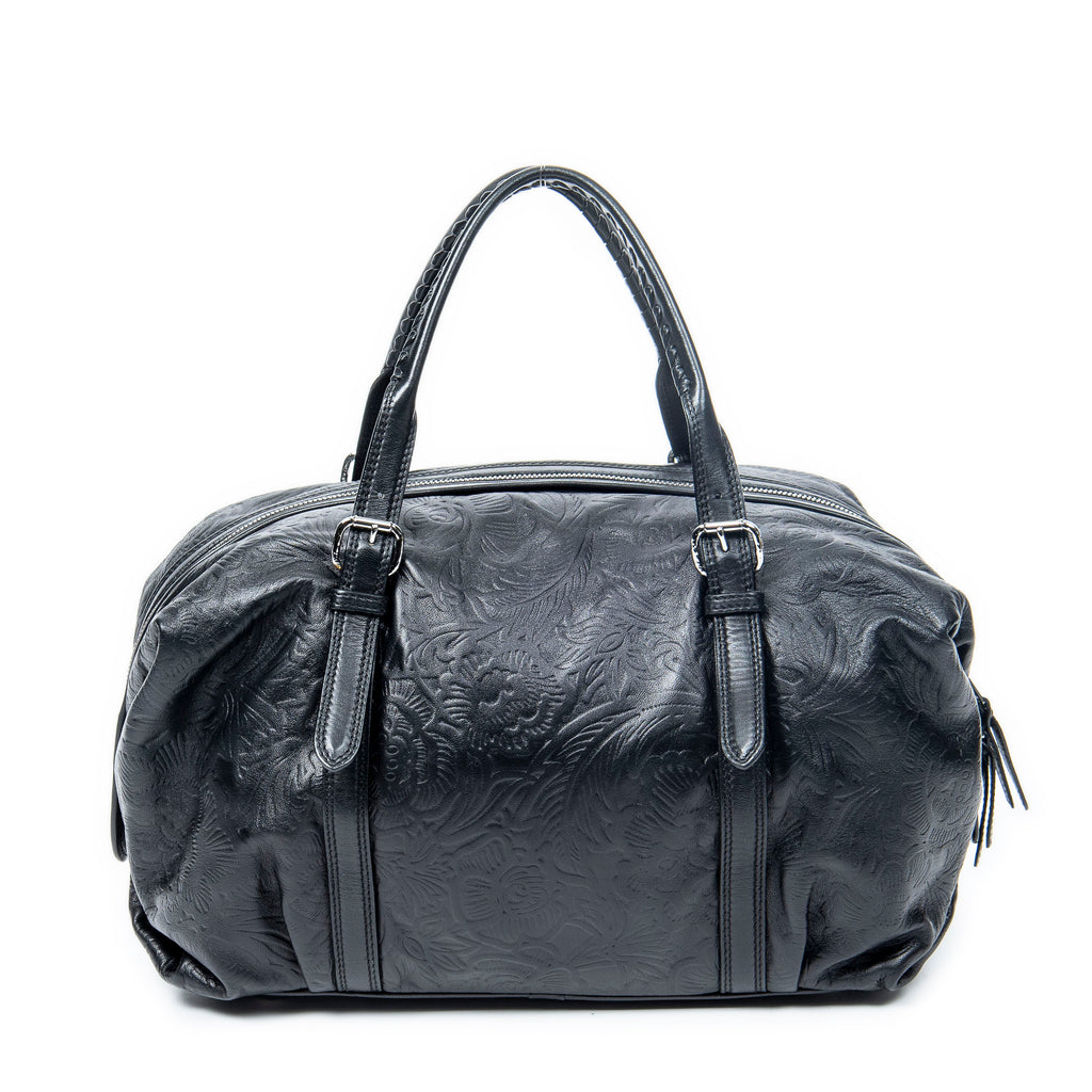 Shoulder Bag Canela Boston Bag Black Floral Embossed Leather