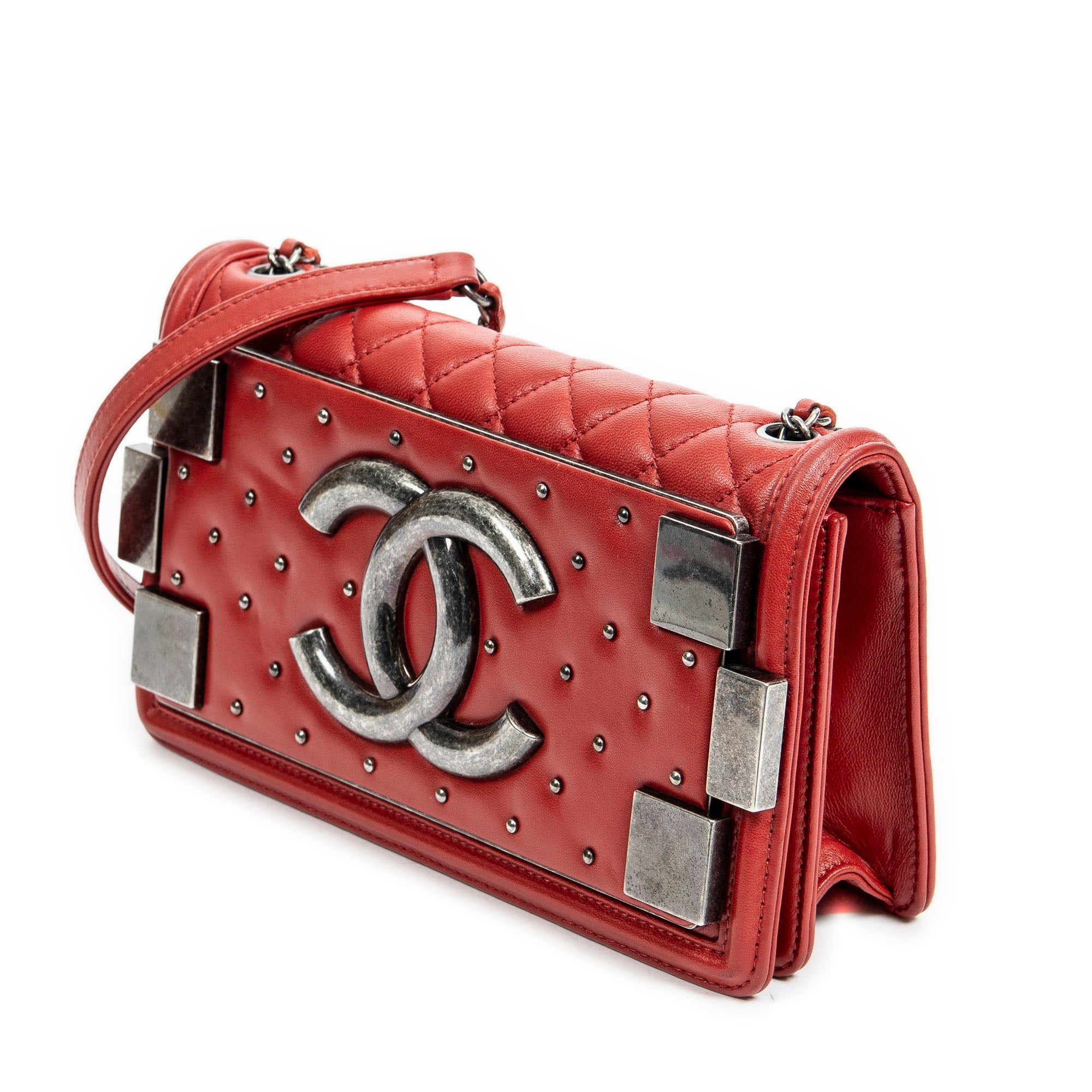 Bolso de hombro Tachonado Horizontal Boy Ladrillo Solapa Roja Cuero de Cordero Acolchado Tachonado