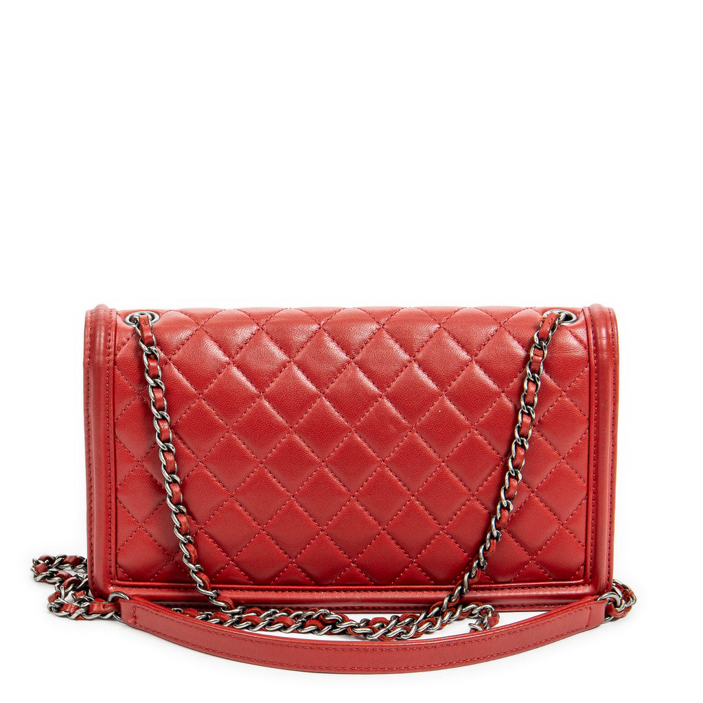 Bolso de hombro Tachonado Horizontal Boy Ladrillo Solapa Roja Cuero de Cordero Acolchado Tachonado