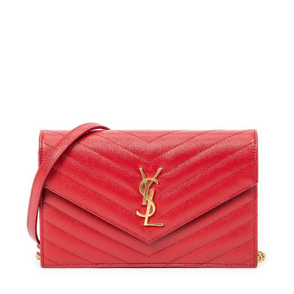Shoulder Bag Envelope Wallet On Chain Red Quilted Grain de Poudre Leather