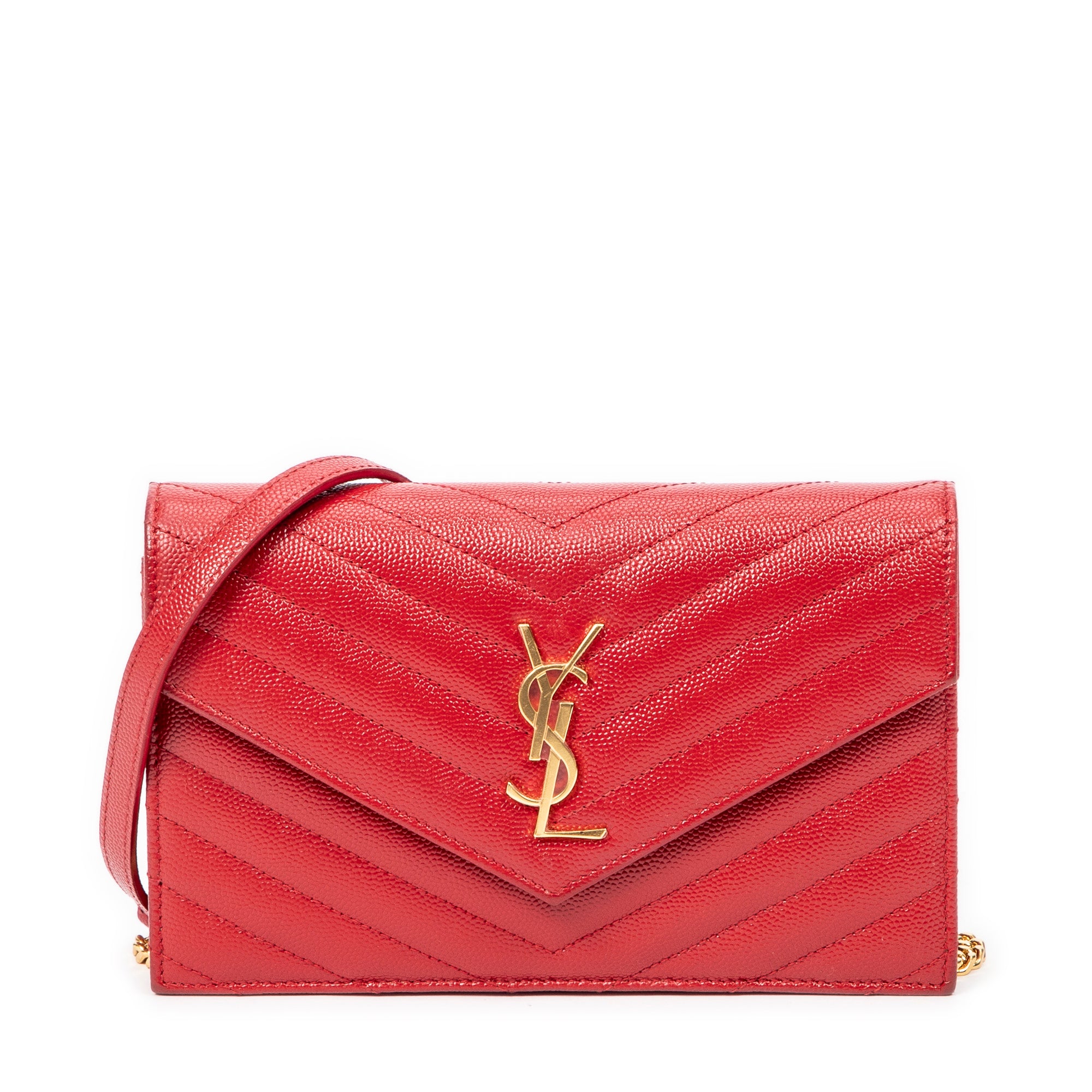 Shoulder Bag Envelope Wallet On Chain Red Quilted Grain de Poudre Leather