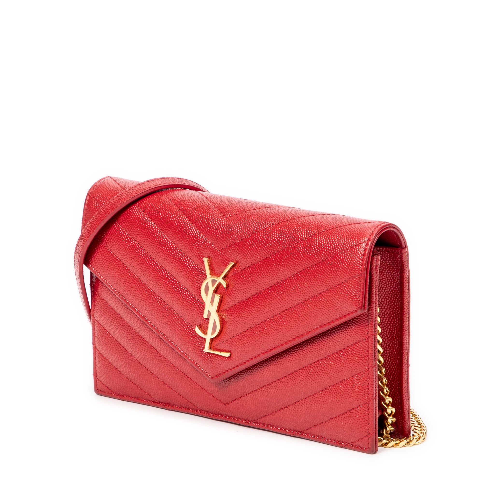 Shoulder Bag Envelope Wallet On Chain Red Quilted Grain de Poudre Leather