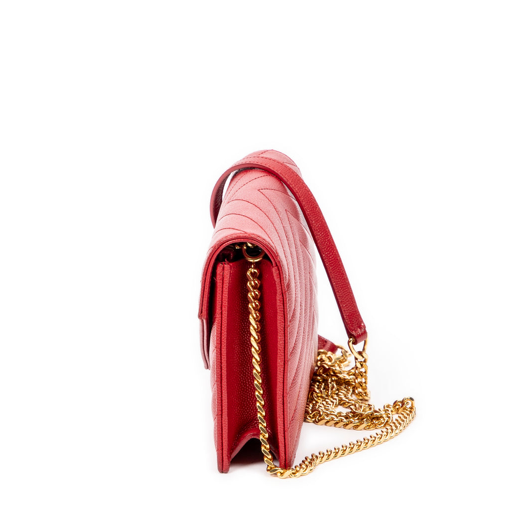 Shoulder Bag Envelope Wallet On Chain Red Quilted Grain de Poudre Leather