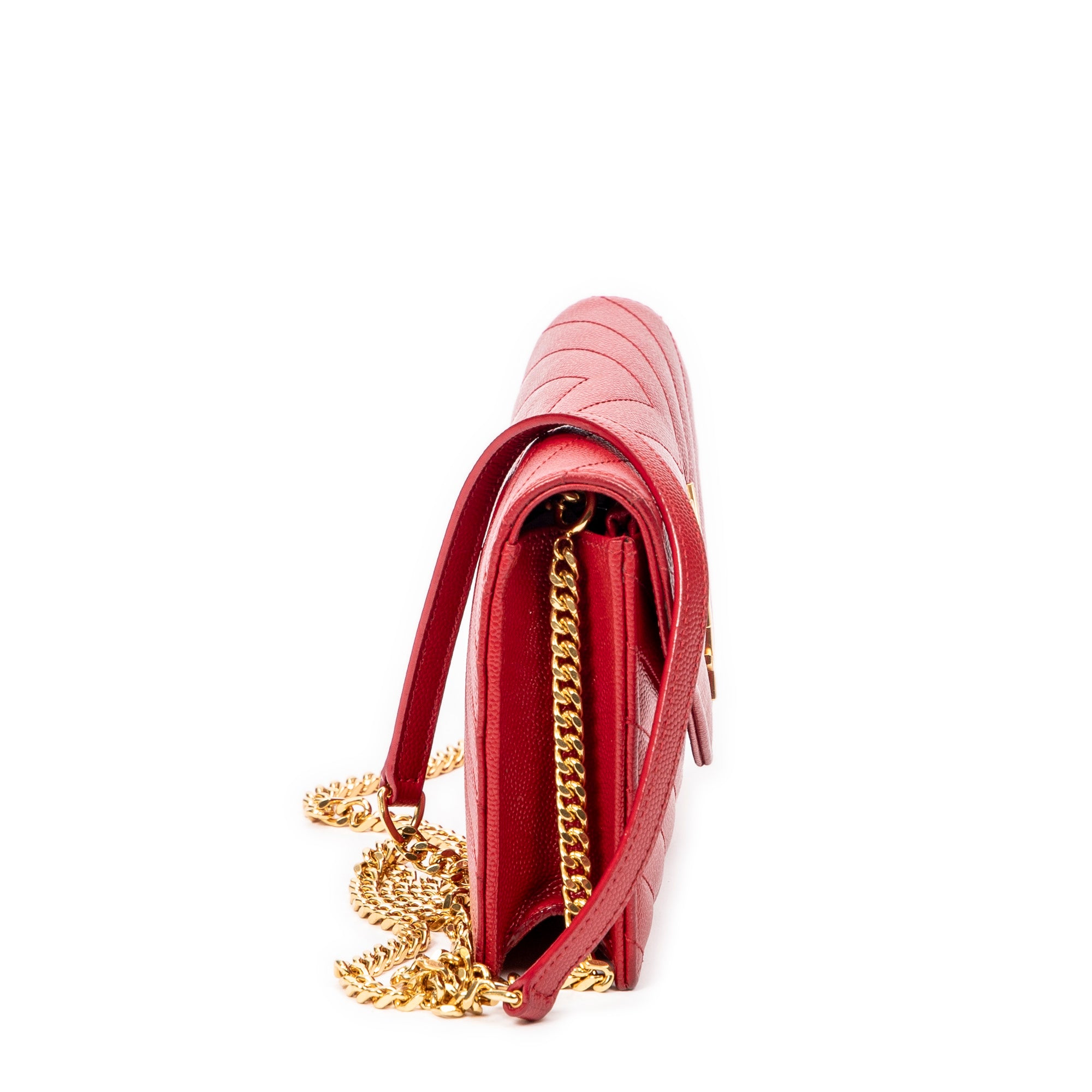 Shoulder Bag Envelope Wallet On Chain Red Quilted Grain de Poudre Leather