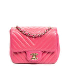 Shoulder Bag Square Classic Single Flap Fuchsia Quilted Chevron Leather