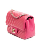 Shoulder Bag Square Classic Single Flap Fuchsia Quilted Chevron Leather