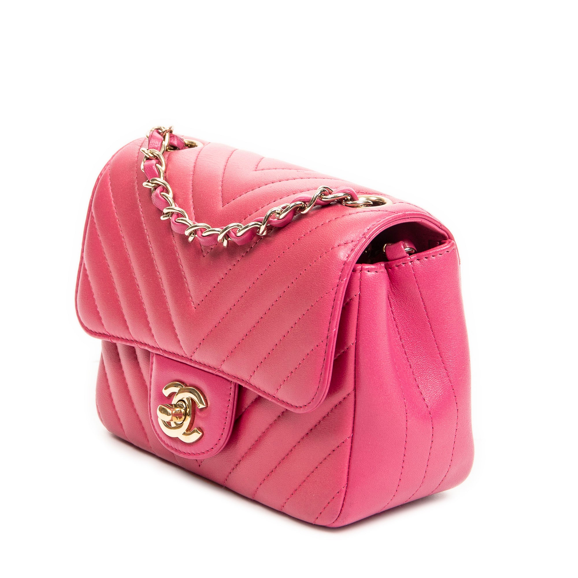 Shoulder Bag Square Classic Single Flap Fuchsia Quilted Chevron Leather