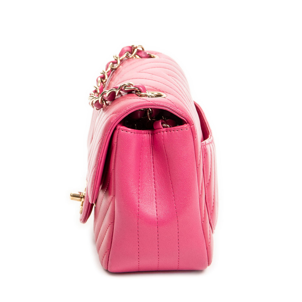 Shoulder Bag Square Classic Single Flap Fuchsia Quilted Chevron Leather