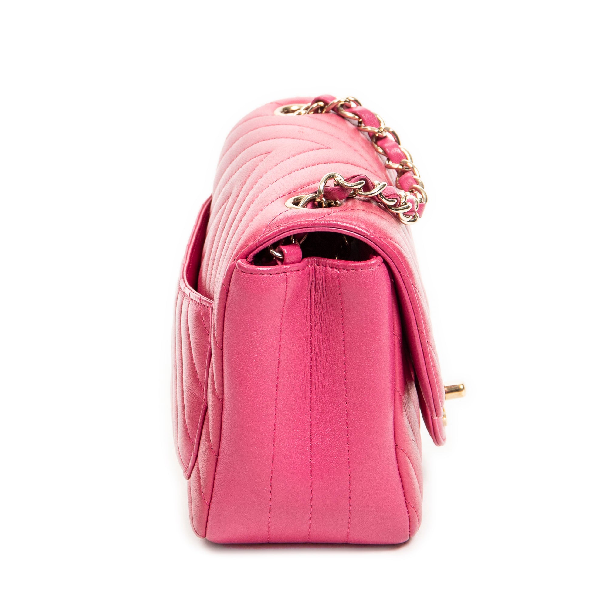 Shoulder Bag Square Classic Single Flap Fuchsia Quilted Chevron Leather