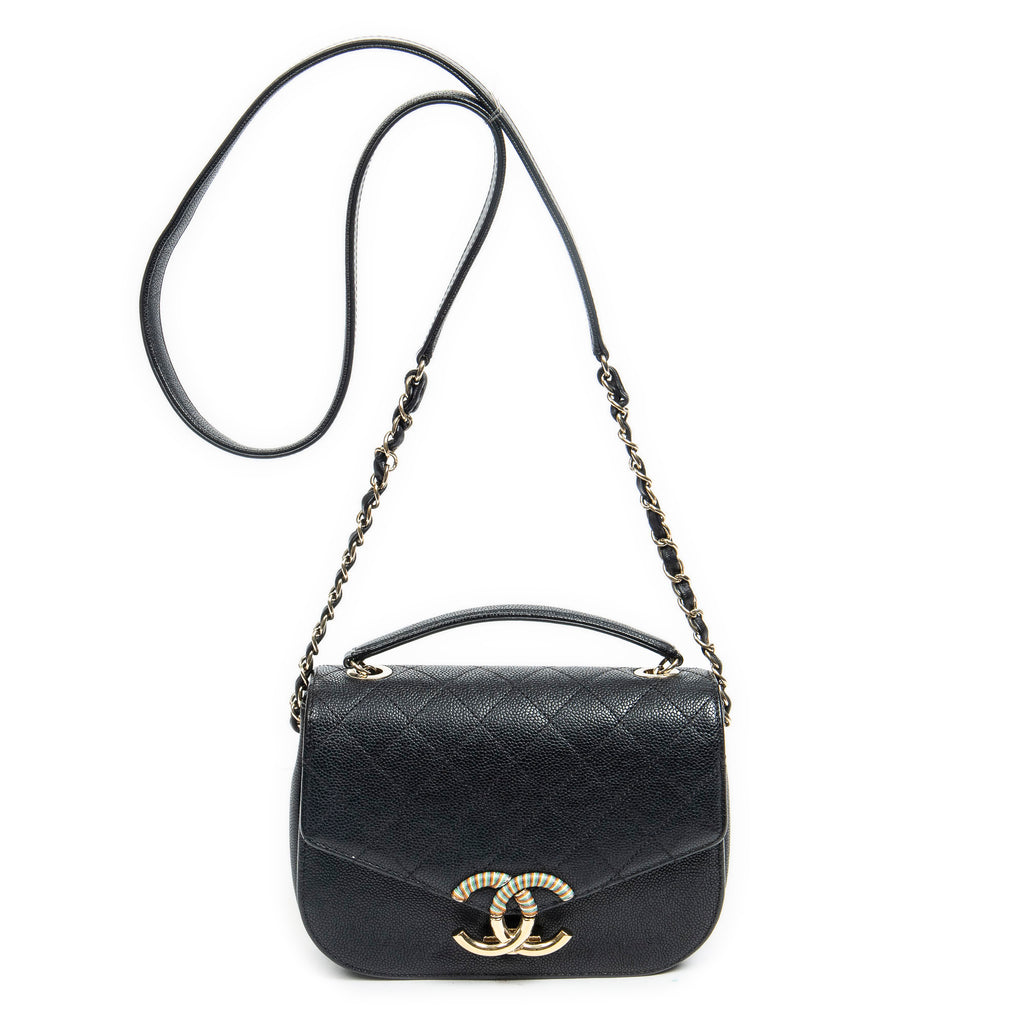 Bolso de Hombro Pequeño CC Cuba Asa Superior Cuero Caviar Acolchado Negro
