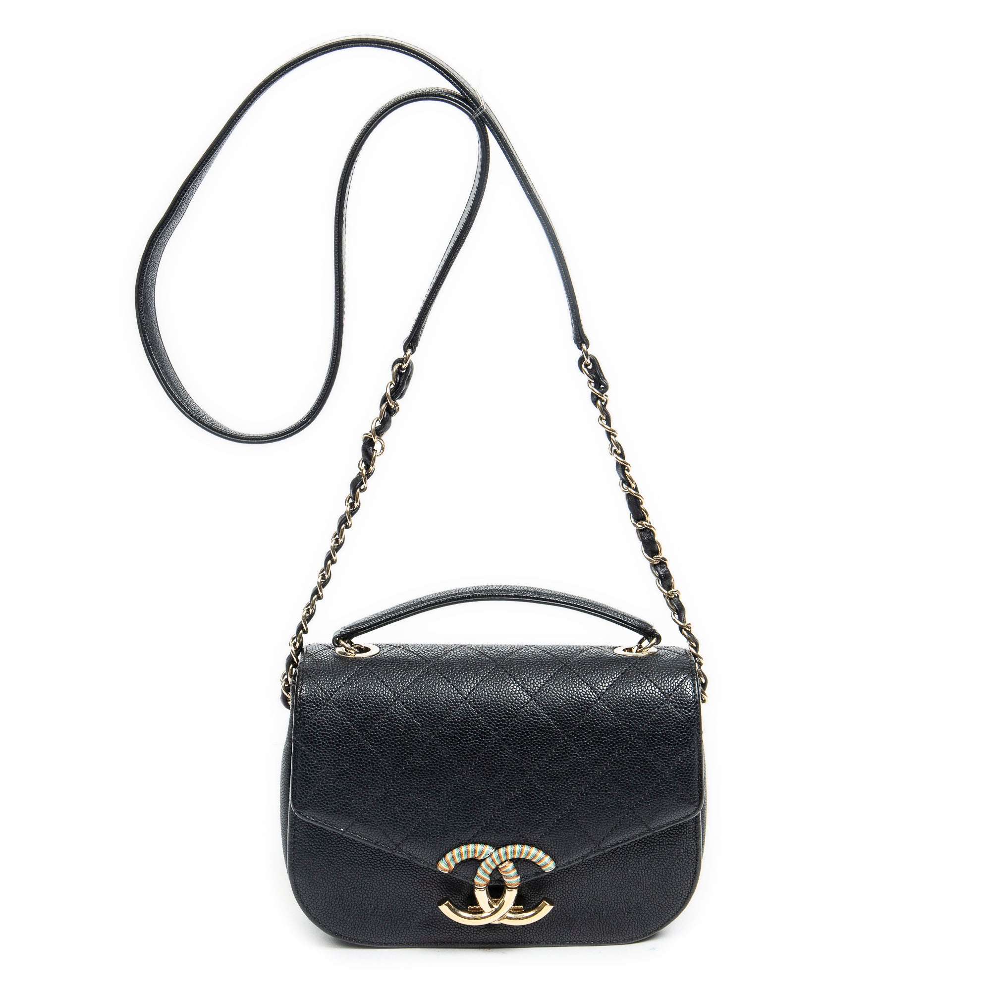 Bolso de Hombro Pequeño CC Cuba Asa Superior Cuero Caviar Acolchado Negro