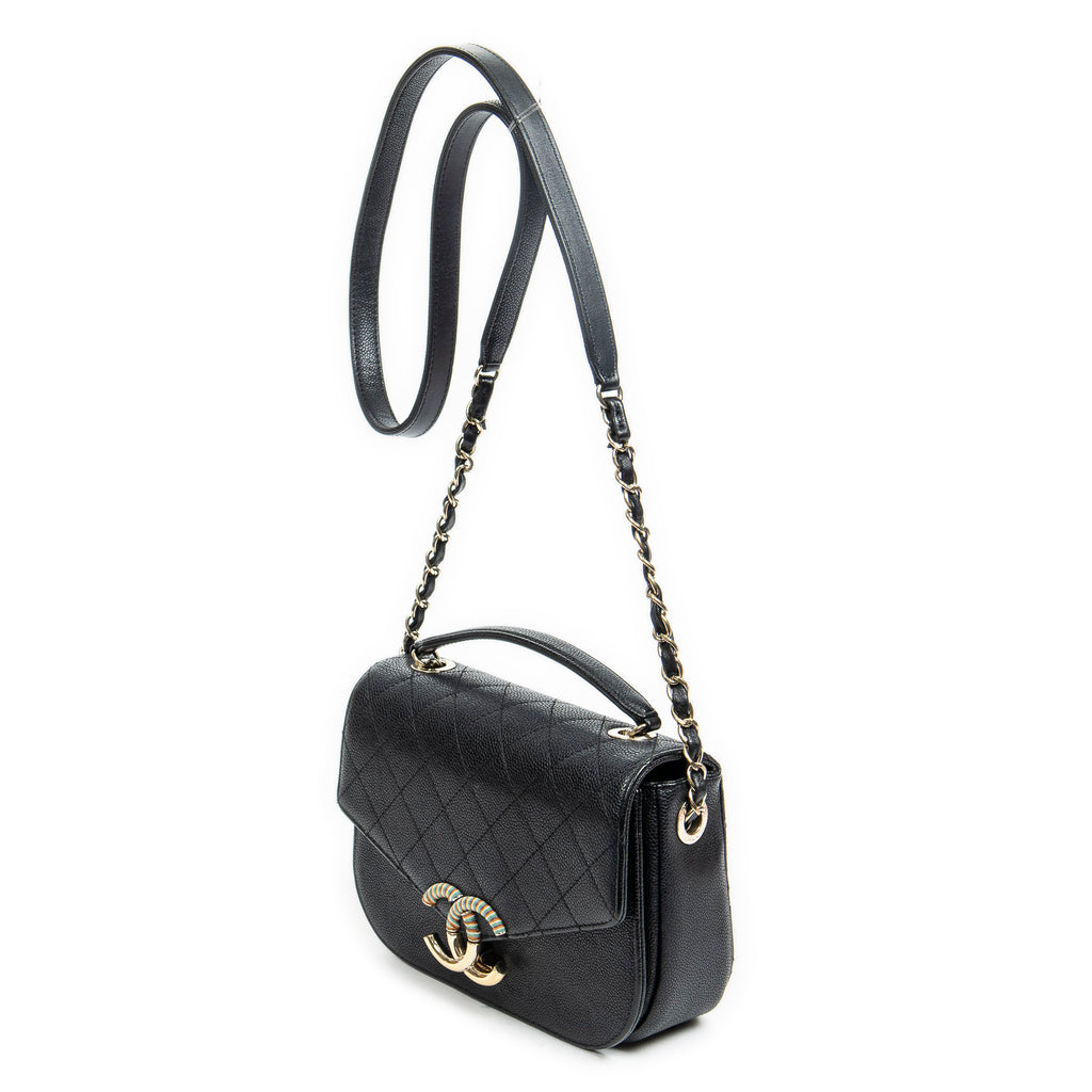 Bolso de Hombro Pequeño CC Cuba Asa Superior Cuero Caviar Acolchado Negro