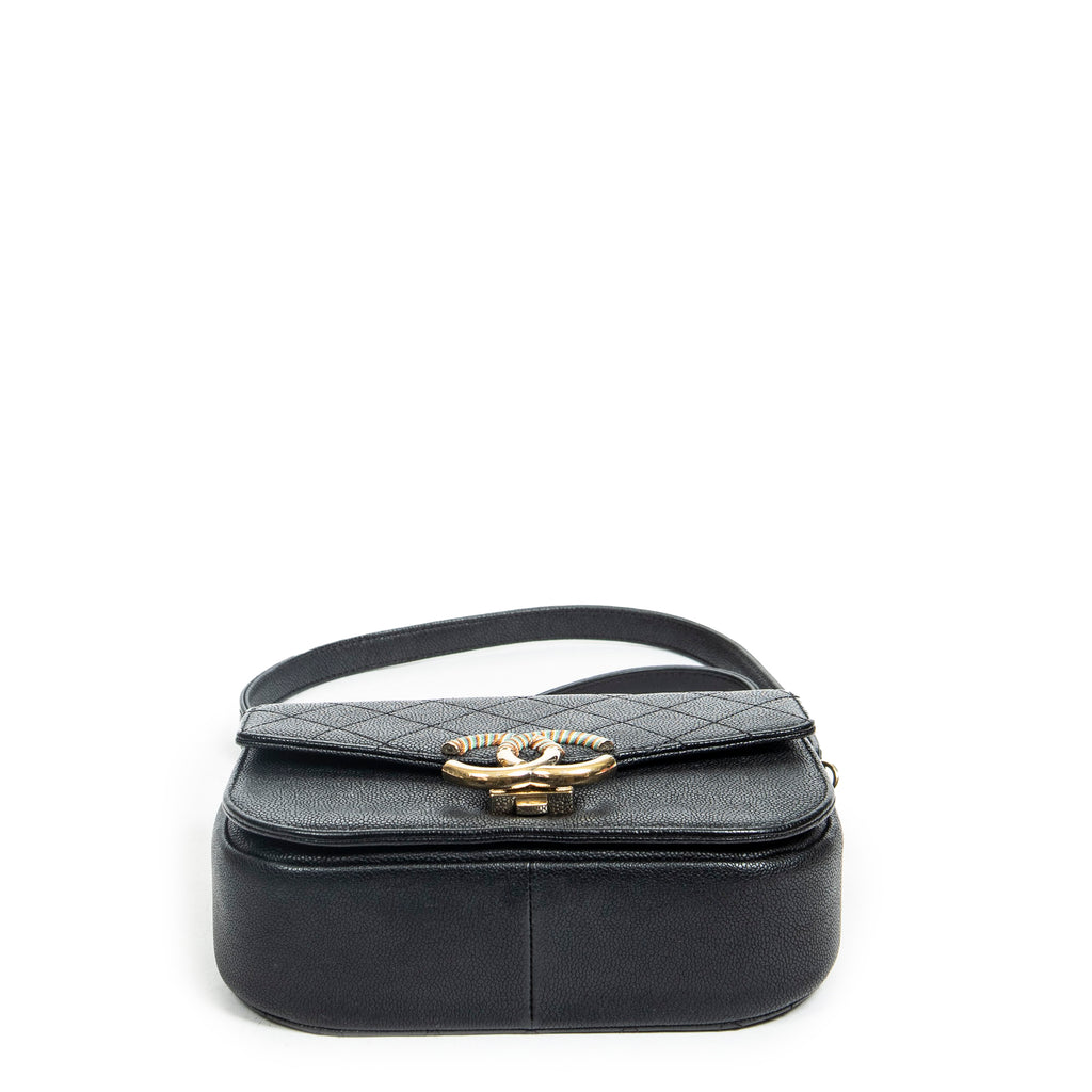 Bolso de Hombro Pequeño CC Cuba Asa Superior Cuero Caviar Acolchado Negro