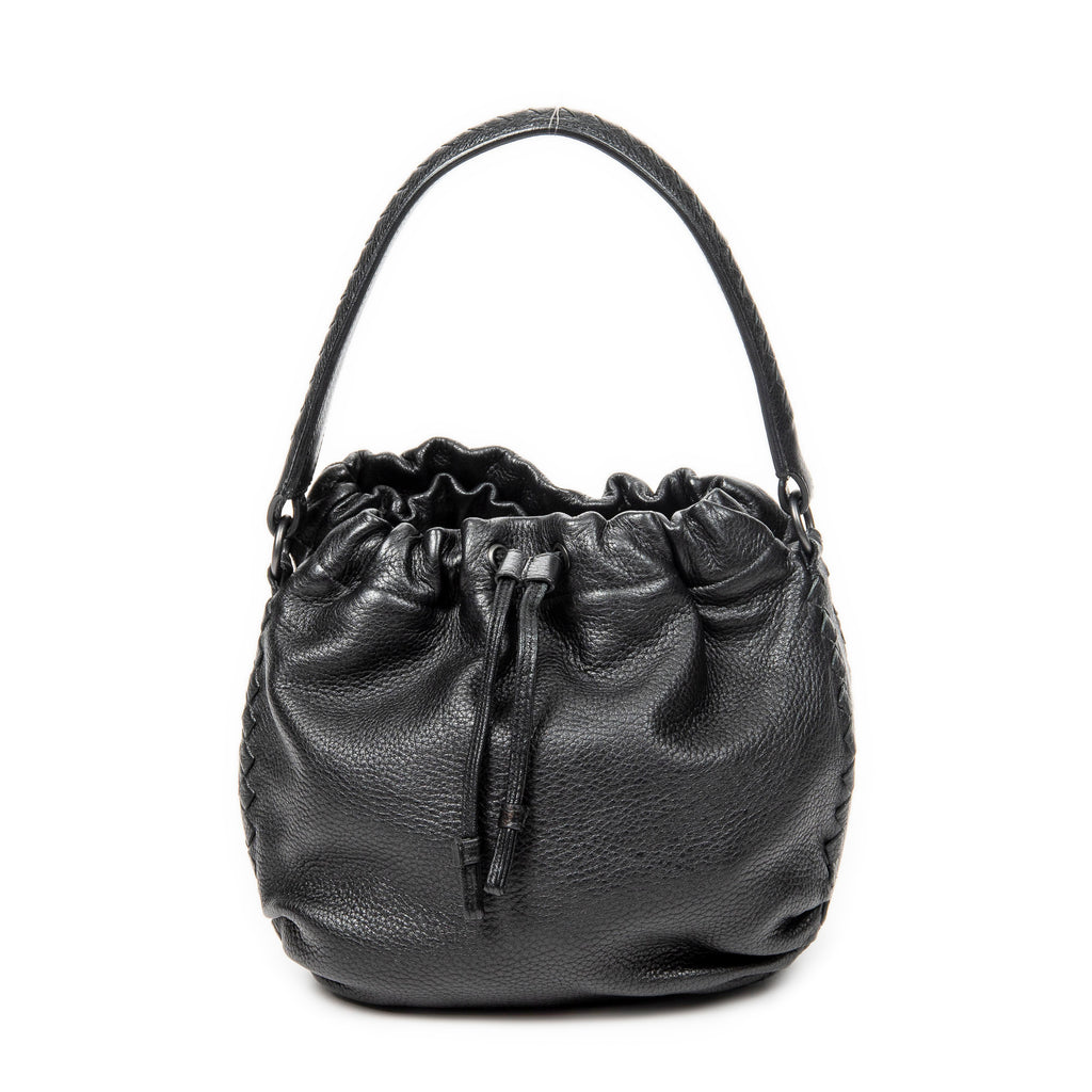 Shoulder Bag Drawstring Bucket Tote Black Grained Leather