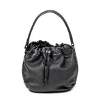 Shoulder Bag Drawstring Bucket Tote Black Grained Leather