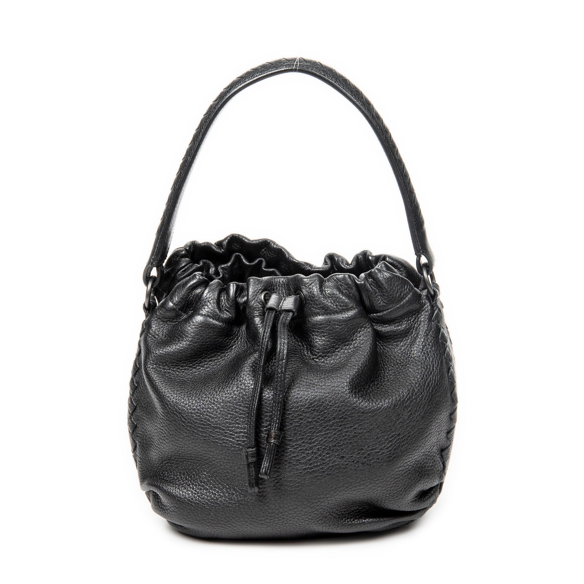 Shoulder Bag Drawstring Bucket Tote Black Grained Leather